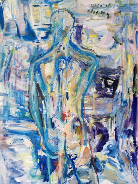 Tamyo Leonard, Nachtausblick, vor dem Fenster, 2023, 1,70 m x 1,30 m, Öl, Mischtechnik